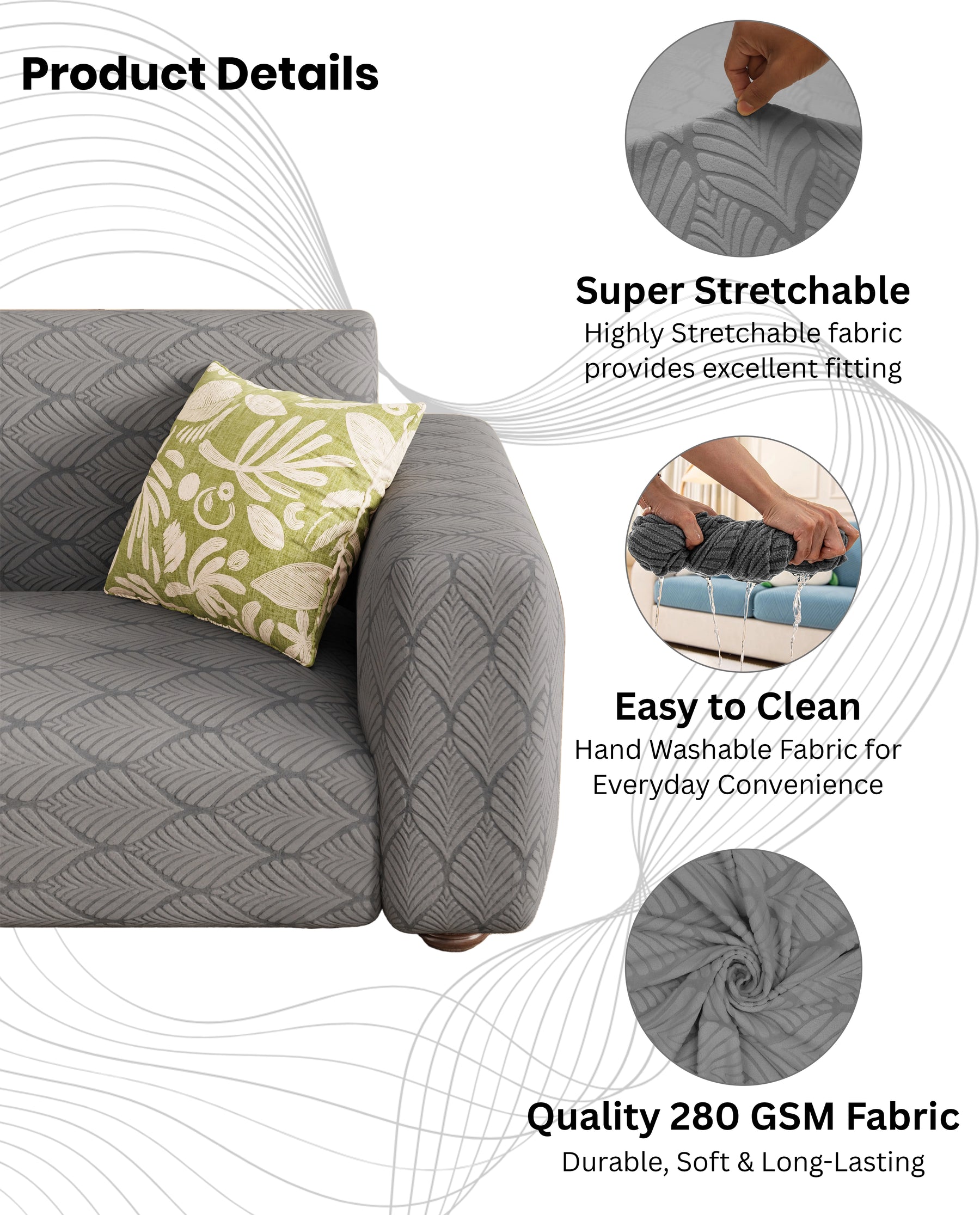 Lukzer Pastel Shades Textured Sofa Cover -  Dark Grey Leaf Trail (SC-125-01)