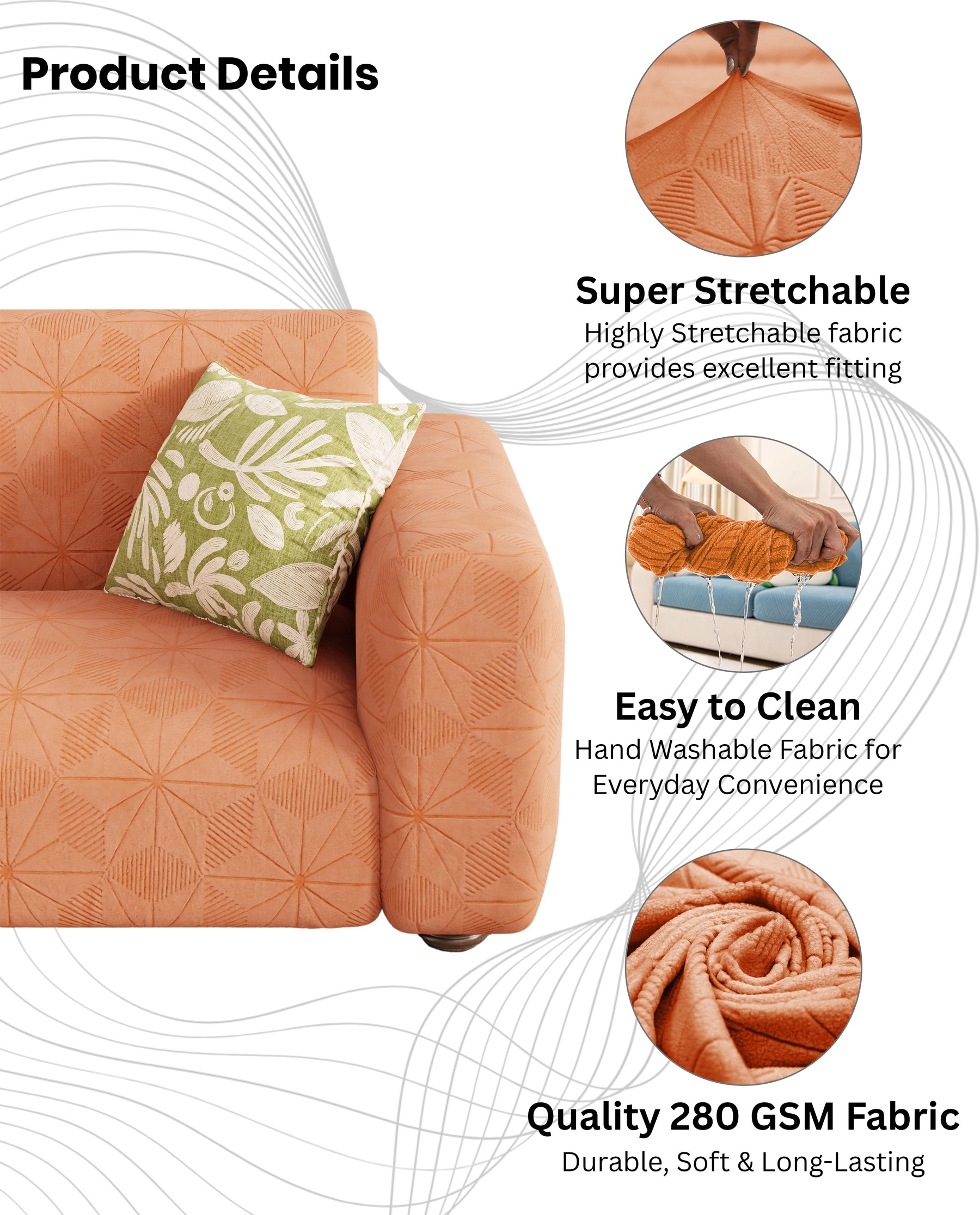Lukzer Pastel Shades Textured Sofa Cover - Orange Starlight Grid (SC-142-01)