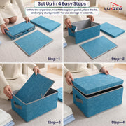 Lukzer 3Pcs Blue & Grey Foldable Storage Box with Lid & Reinforced Handle (Lining)