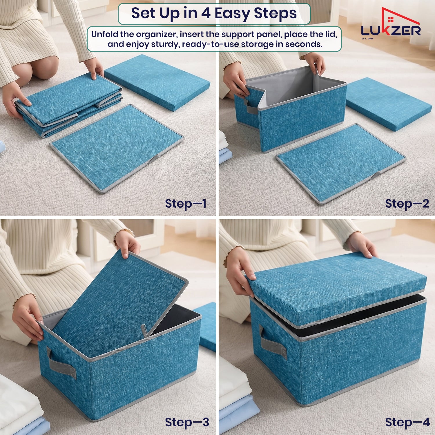 Lukzer 1Pc Blue & Grey Foldable Storage Box with Lid & Reinforced Handle (Lining)