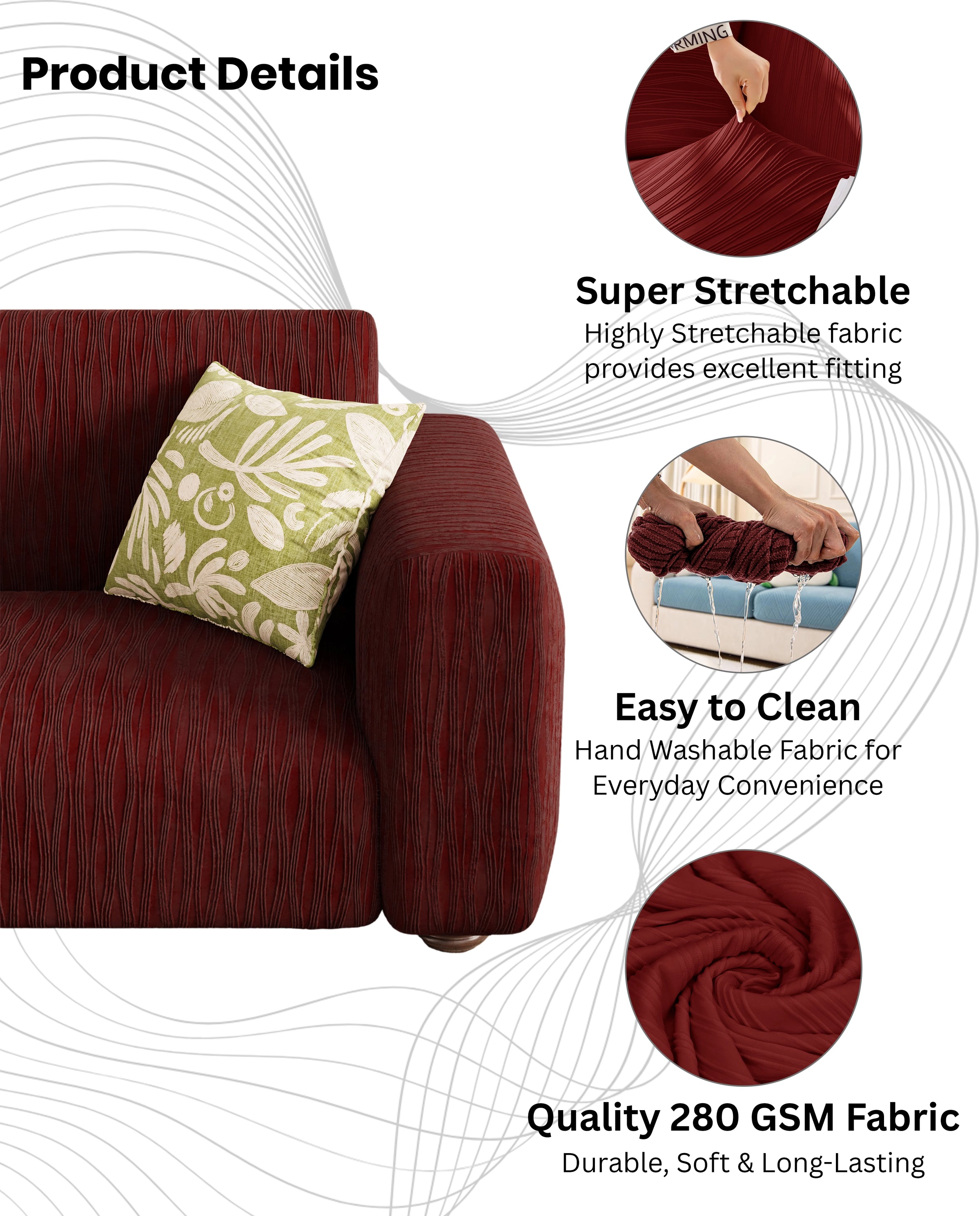 Lukzer Pastel Shades Textured Sofa Cover - Deep Maroon Wavy Stripes (SC-148-01)