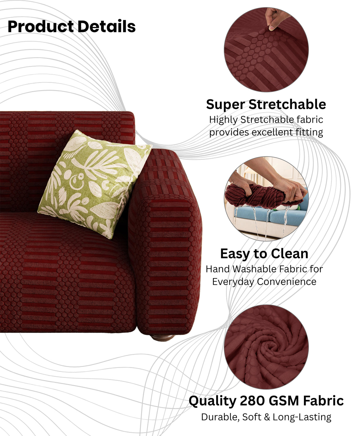 Lukzer Pastel Shades Textured Sofa Cover - Deep Maroon Dotted Stripe (SC-132-01)