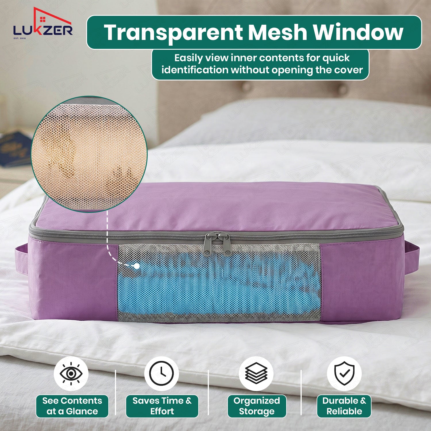 Lukzer 12Pcs Lavender Foldable Saree Cover/Bags with Zip & Mesh Window (Nylon)
