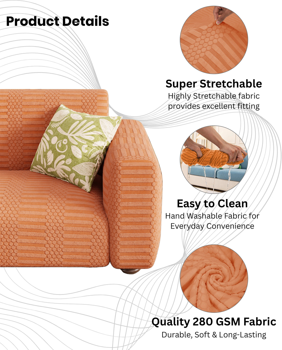 Lukzer Pastel Shades Textured Sofa Cover - Orange Dotted Stripe (SC-069-01)