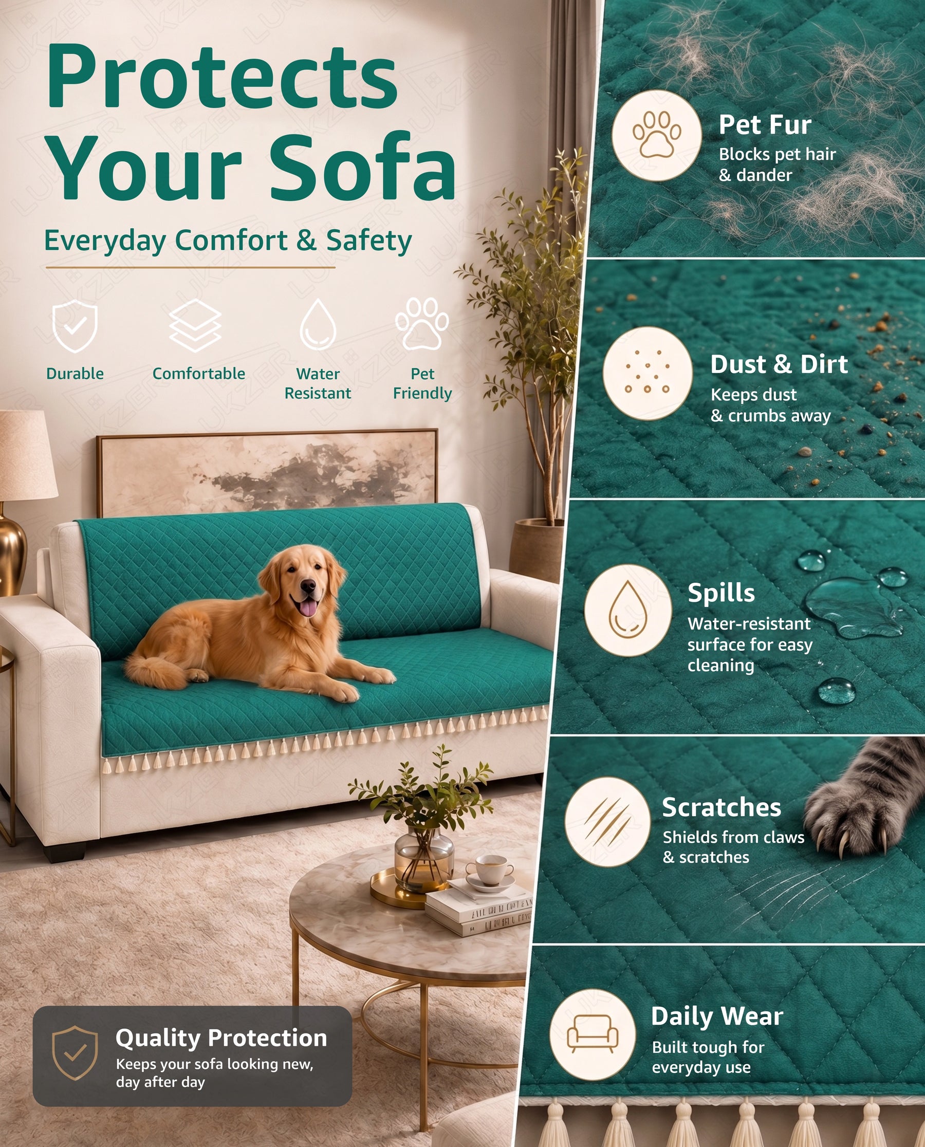 Lukzer 2 Seater Quilted Sofa Cover Mat with Tassels - Forest Green - SC-200-02T