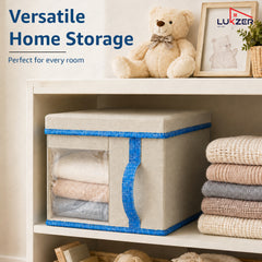 Lukzer 20 Liters Foldable Non-Woven Storage Box/Wardrobe Organizer with Lid - 3PC/Beige & Blue