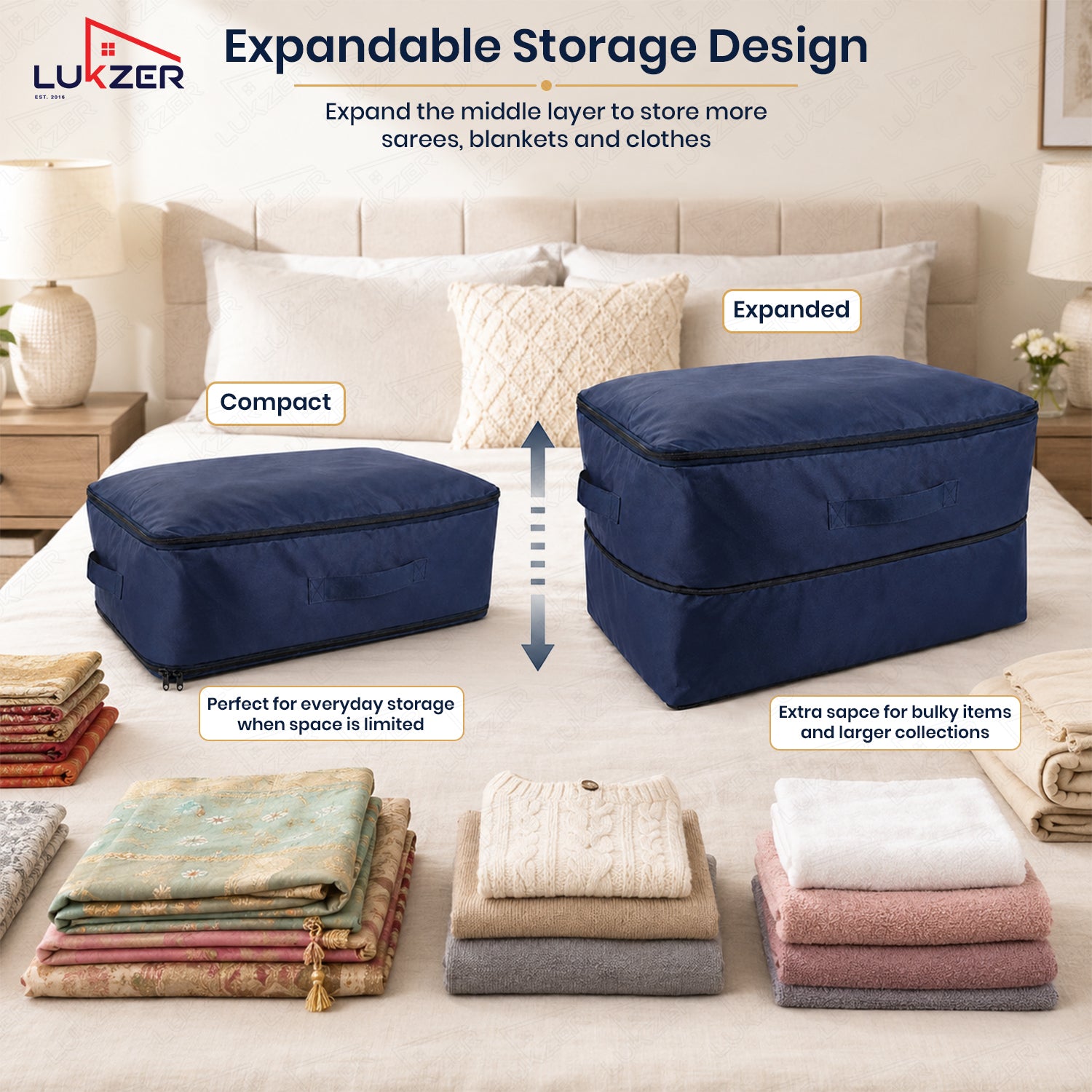 Lukzer Nylon Expandable Self Compression Storage Bag for Clothes & Bedding - 12PC's/Blue