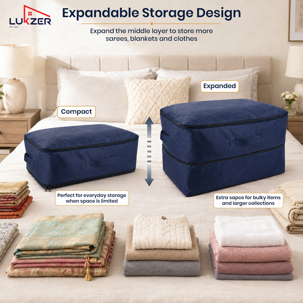Lukzer Nylon Expandable Self Compression Storage Bag for Clothes & Bedding - 12PC's/Blue