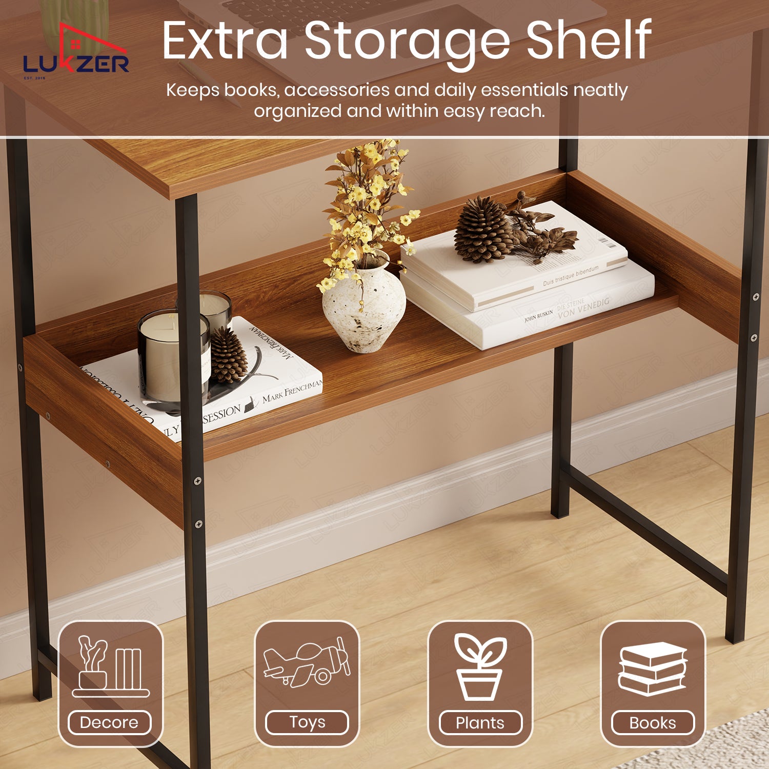 Lukzer Metal & Engineered Wood Kids Study Table with Open Shelf (MST-004S/Black & Oak Brown)