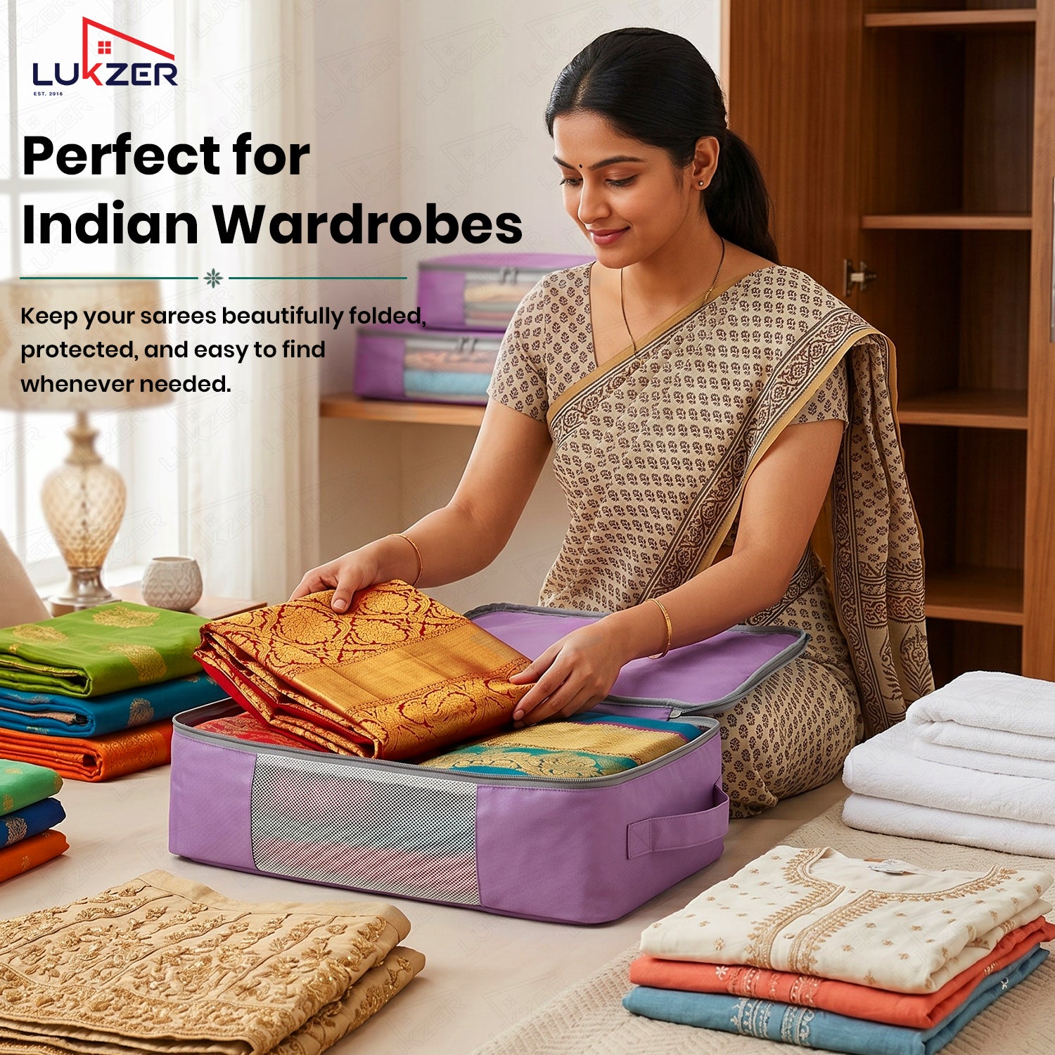 Lukzer 12Pcs Lavender Foldable Saree Cover/Bags with Zip & Mesh Window (Nylon)