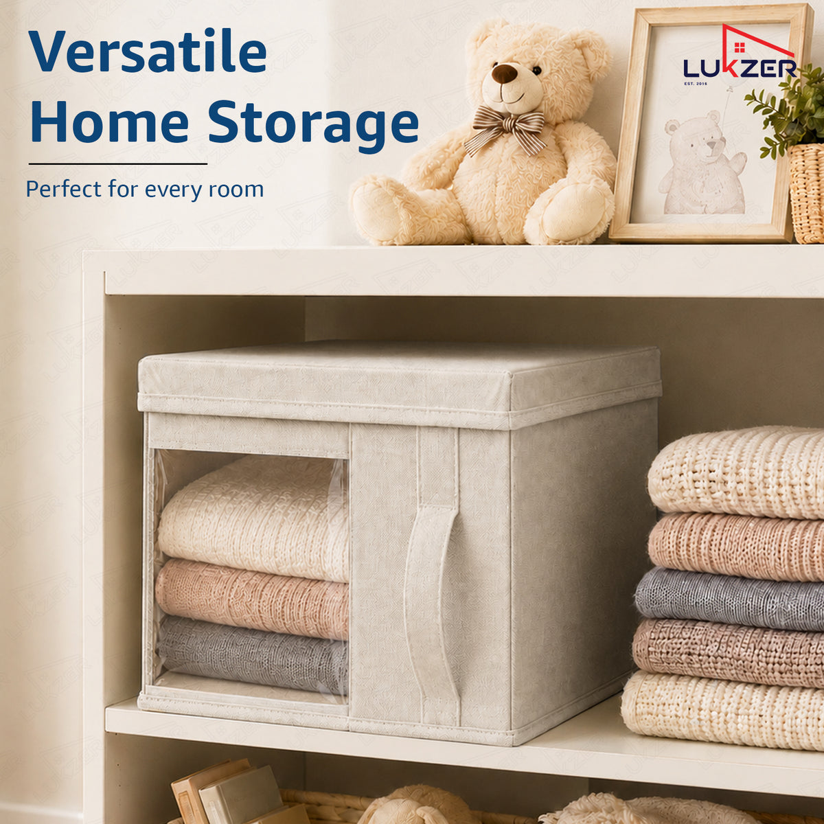 Lukzer 20 Liters Foldable Non-Woven Storage Box/Wardrobe Organizer with Lid - 4PC/Beige