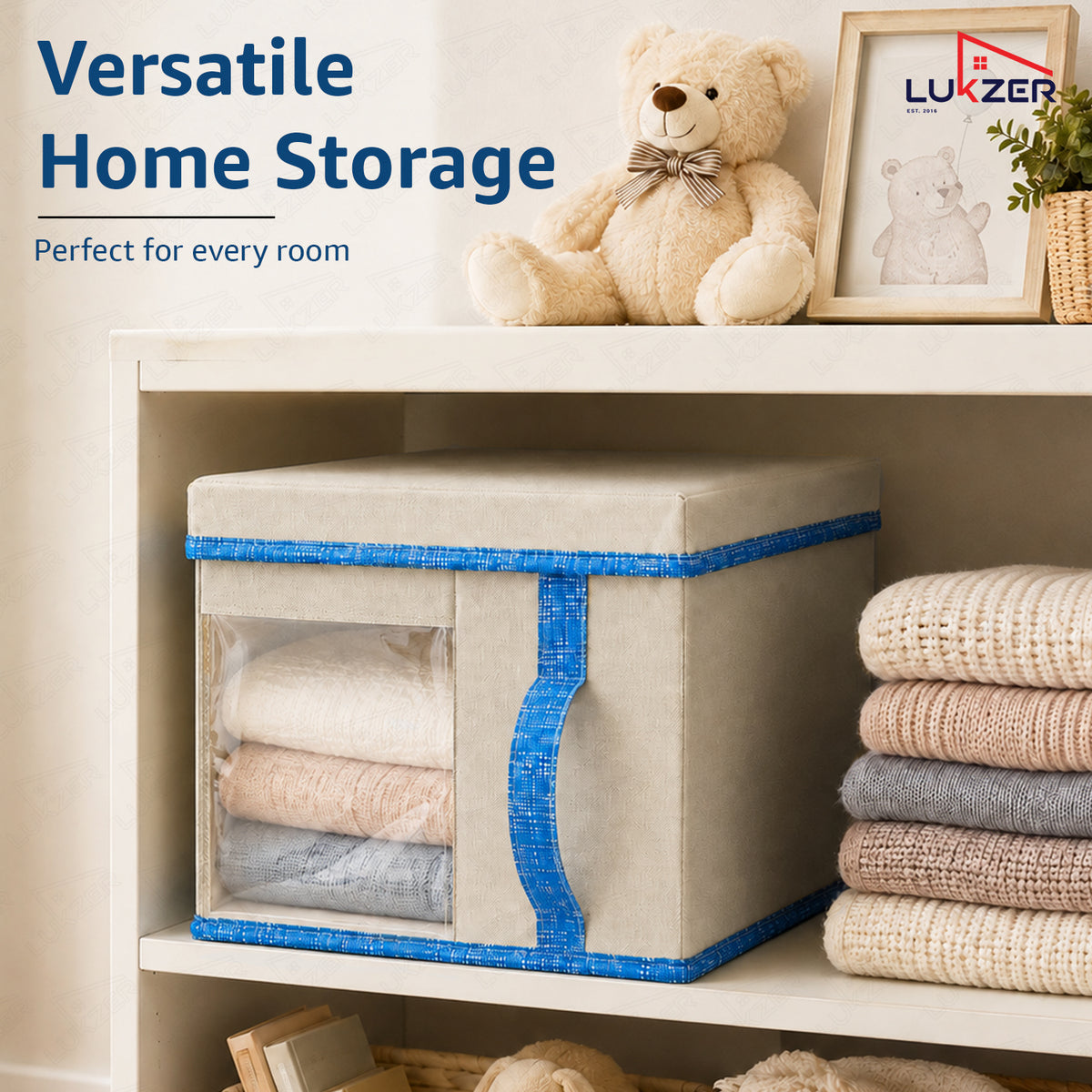 Lukzer 20 Liters Foldable Non-Woven Storage Box/Wardrobe Organizer with Lid - 4PC/Beige & Blue