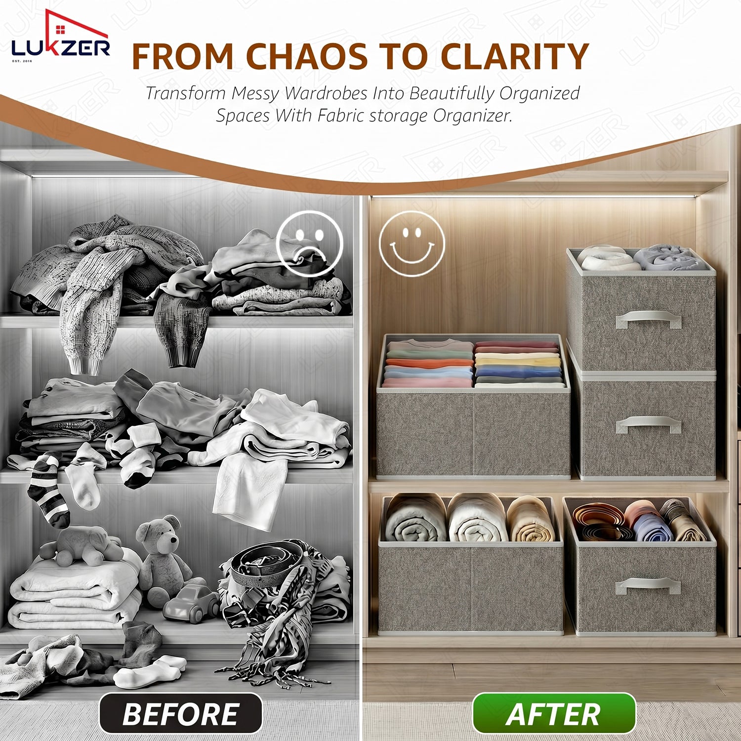 Lukzer 3Pcs Grey Foldable Clothes Organiser Storage Box (Jute)