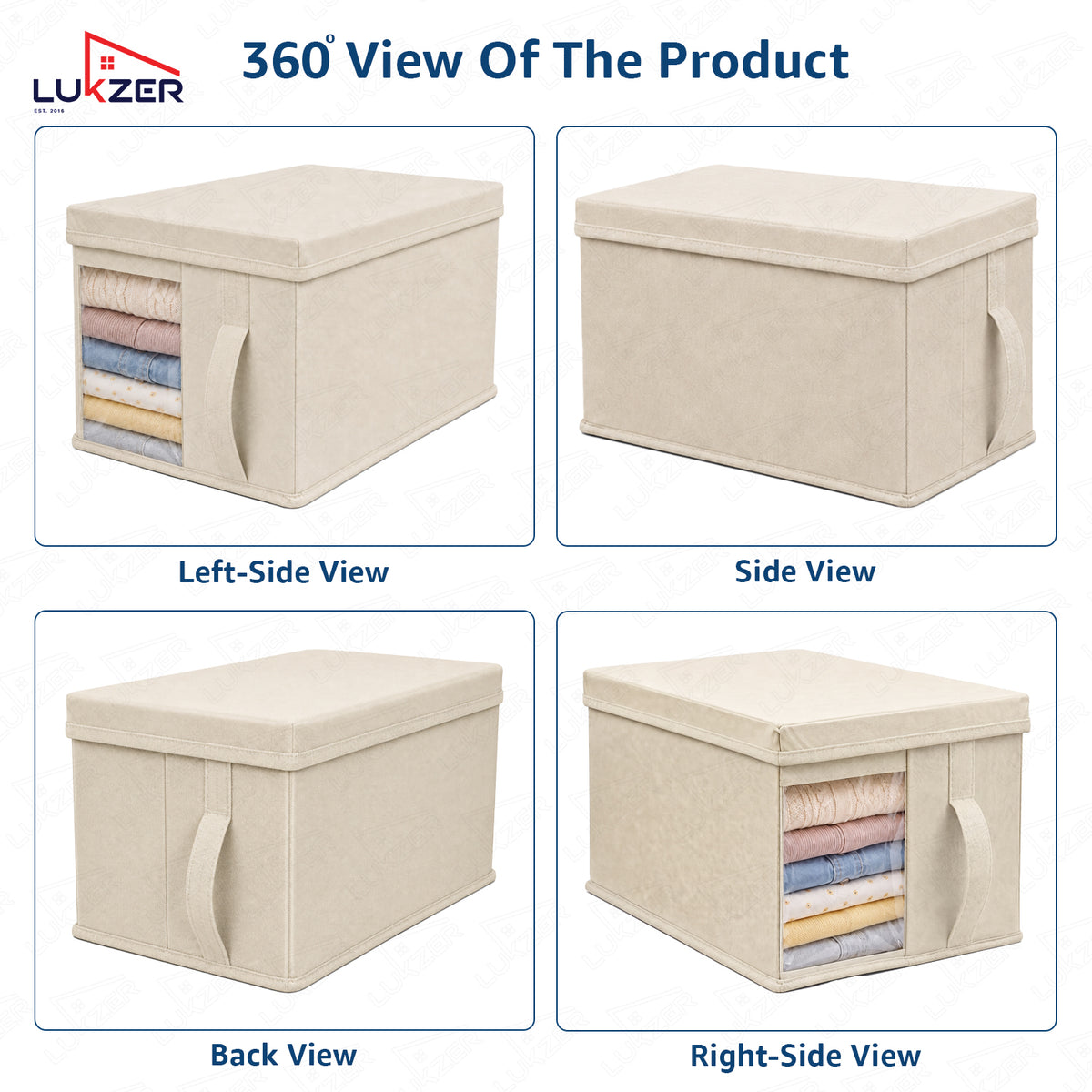 Lukzer 20 Liters Foldable Non-Woven Storage Box/Wardrobe Organizer with Lid - 4PC/Beige