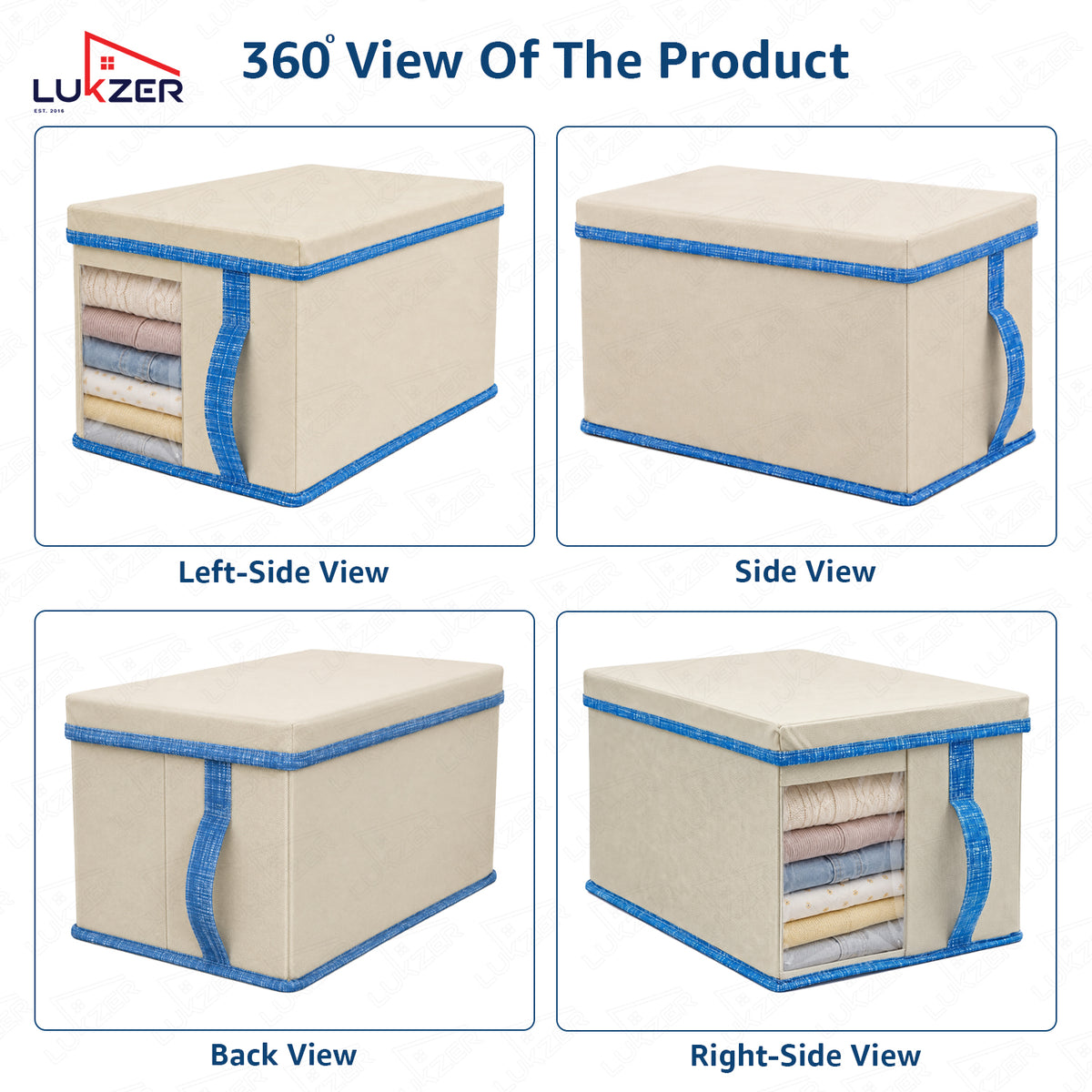 Lukzer 20 Liters Foldable Non-Woven Storage Box/Wardrobe Organizer with Lid - 1PC/Beige & Blue