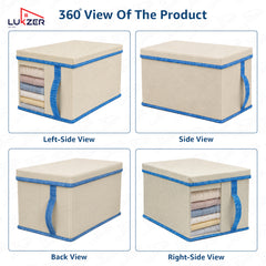 Lukzer 20 Liters Foldable Non-Woven Storage Box/Wardrobe Organizer with Lid - 3PC/Beige & Blue