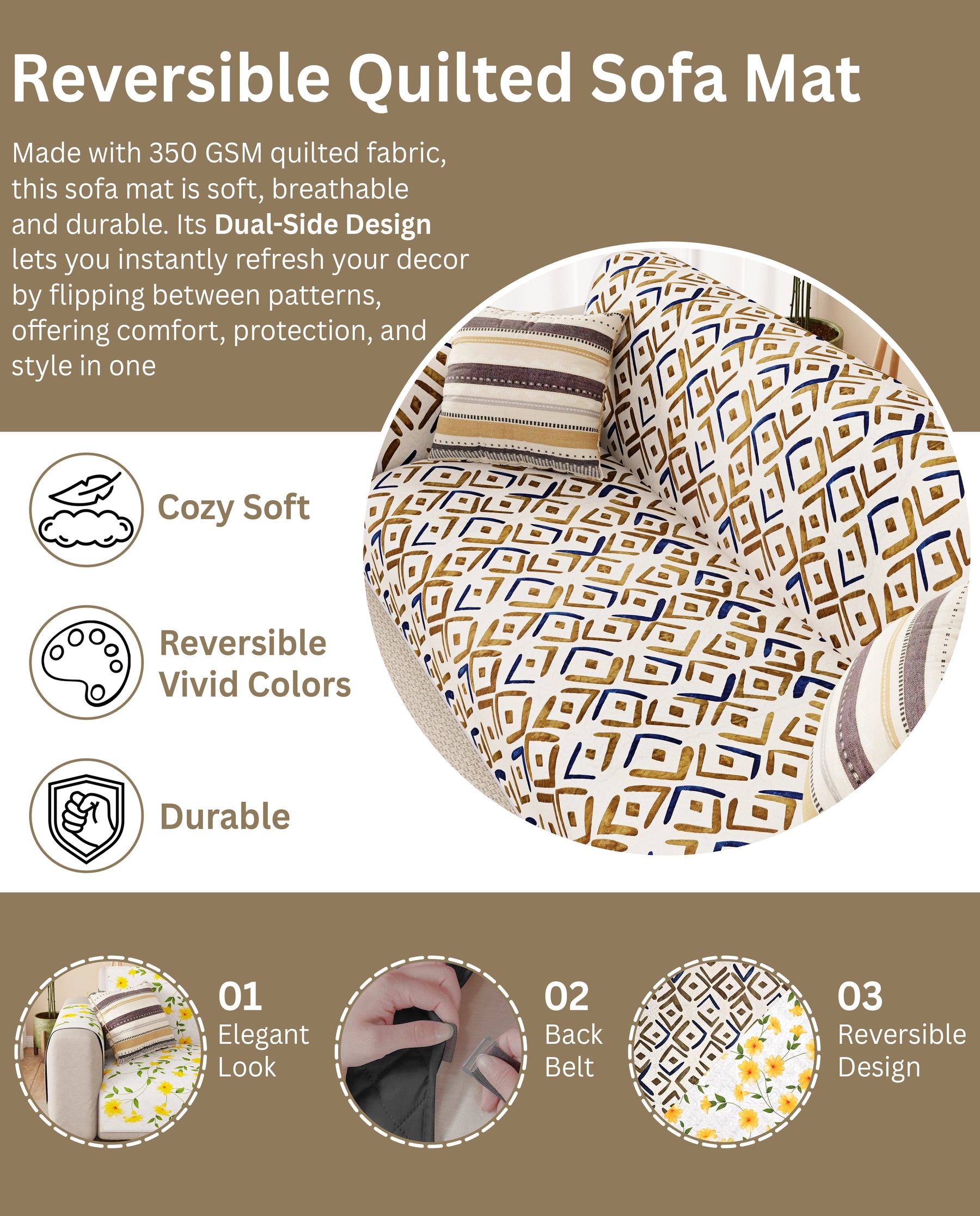 Lukzer Reversible Quilted Sofa Mat with Arms Terra Bloom (SC-205-01)
