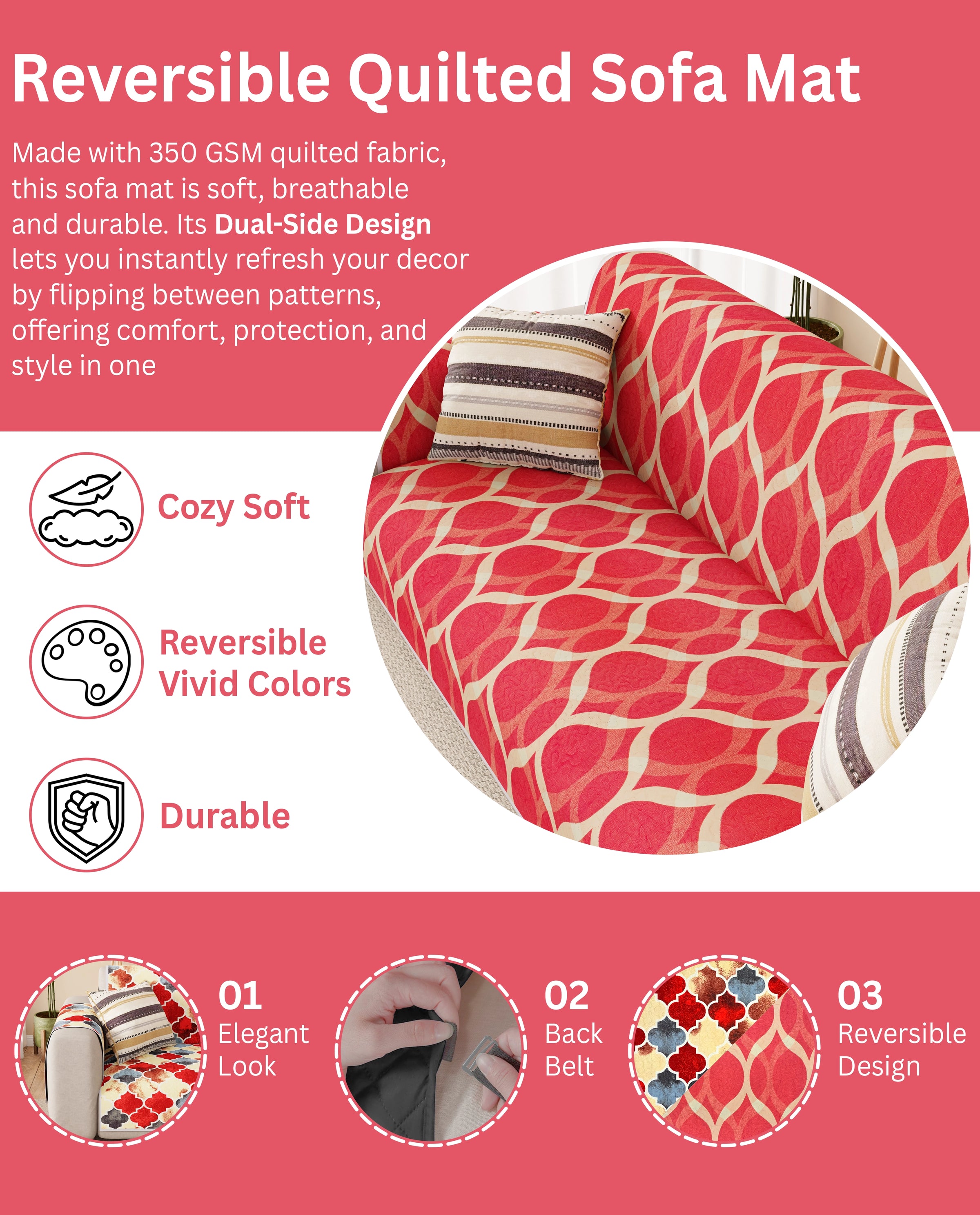 Lukzer Reversible Quilted Sofa Mat with Arms Dessert Jewel (SC-202-01)