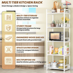 Lukzer 5-Tier Multipurpose Metal & Wood Kitchen Storage Rack (MKR-005/White & White)
