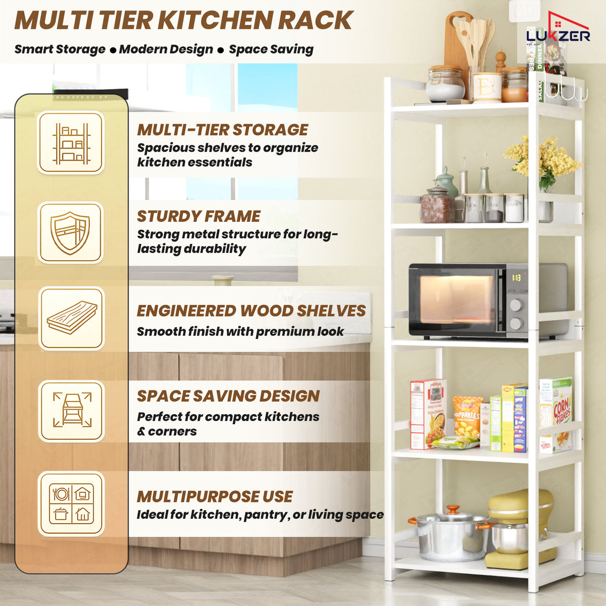 Lukzer 5-Tier Multipurpose Metal & Wood Kitchen Storage Rack (MKR-005/White & White)