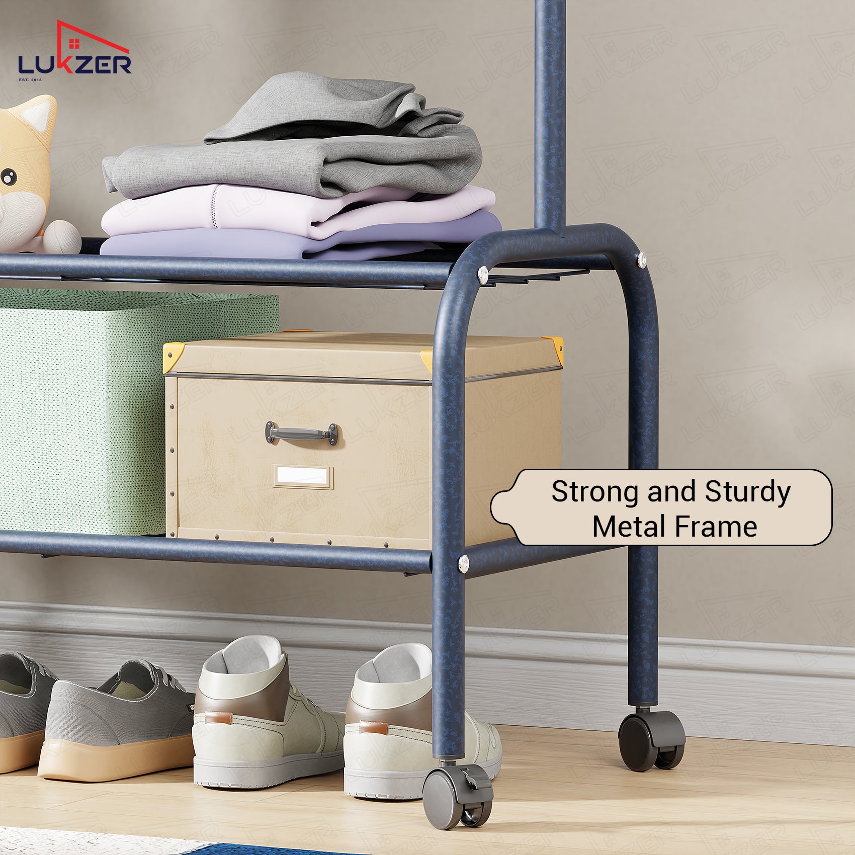 Lukzer Multipurpose Single Pole Metal Garment Rack with Wheels &amp; 2 Bottom Shelves - (MGR-006) (White, Gold, Grey, Pink, Deep Sea, Black)