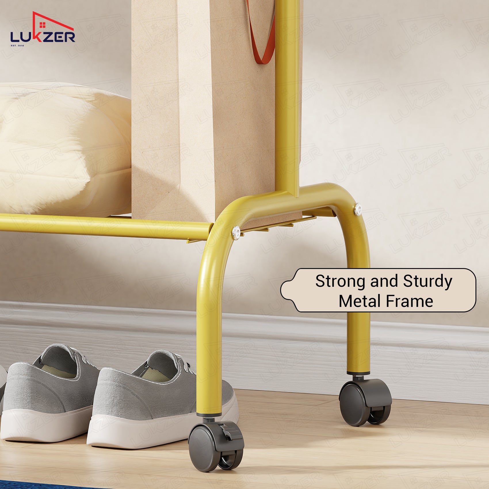 Lukzer Single Pole Portable Metal Garment Rack with Bottom Shelf (MGR-007/Gold)