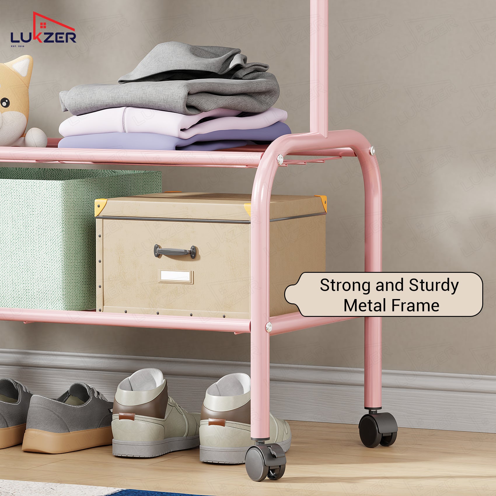 Lukzer Multipurpose Single Pole Metal Garment Rack with Wheels &amp; 2 Bottom Shelves - (MGR-006) (White, Gold, Grey, Pink, Deep Sea, Black)