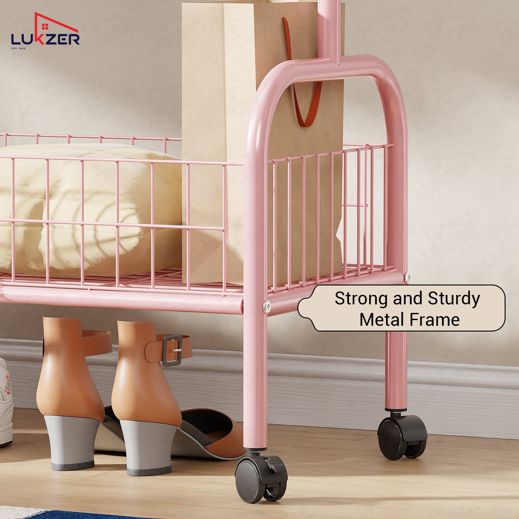 Lukzer Single Rod Garment Rack with Bottom Shelf | Cloth Organizer for Hanging Kurtas, Jackets, Bags in Bedroom, Office, Hostel &amp; More (MGR-003)