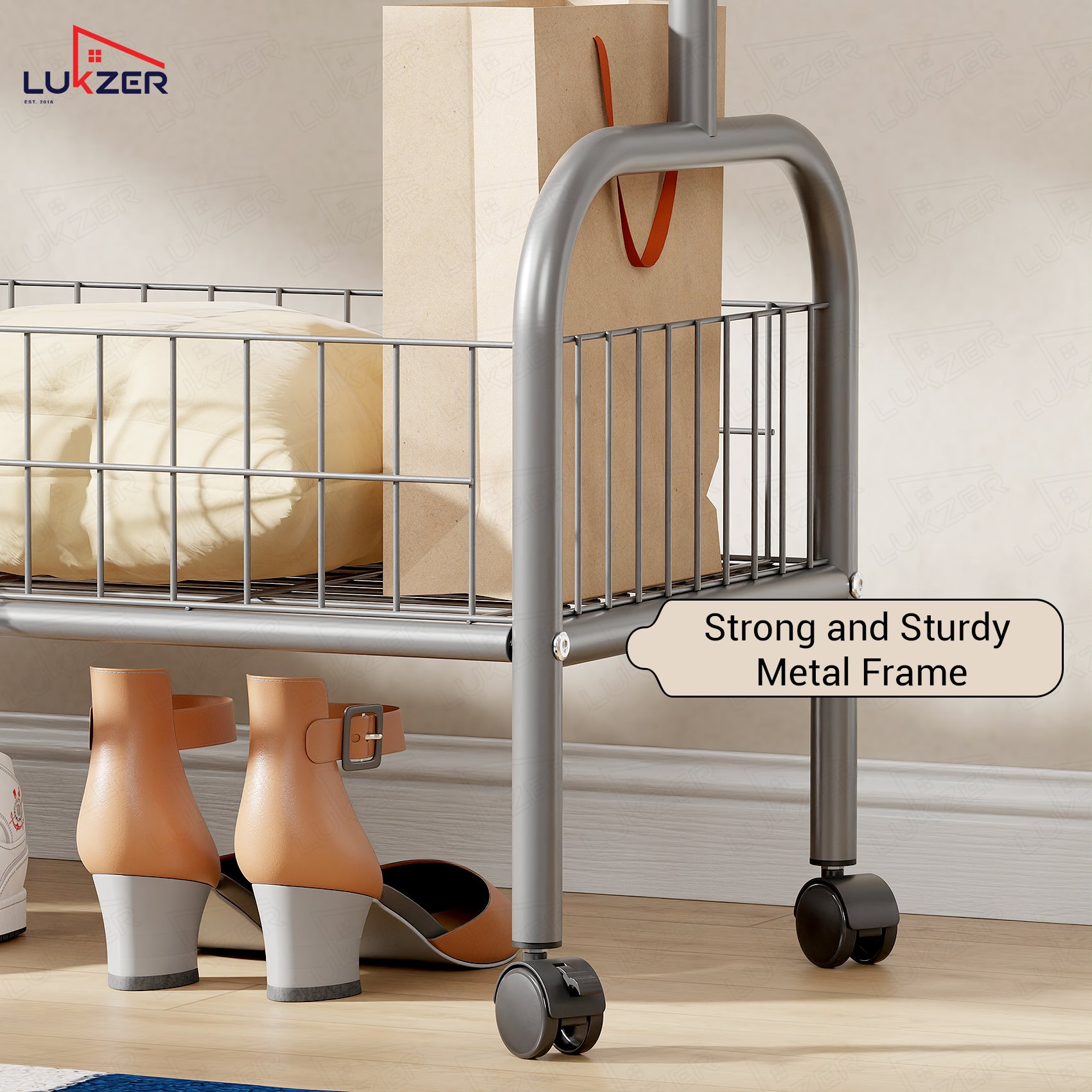 Lukzer Single Rod Garment Rack with Bottom Shelf | Cloth Organizer for Hanging Kurtas, Jackets, Bags in Bedroom, Office, Hostel &amp; More (MGR-003)
