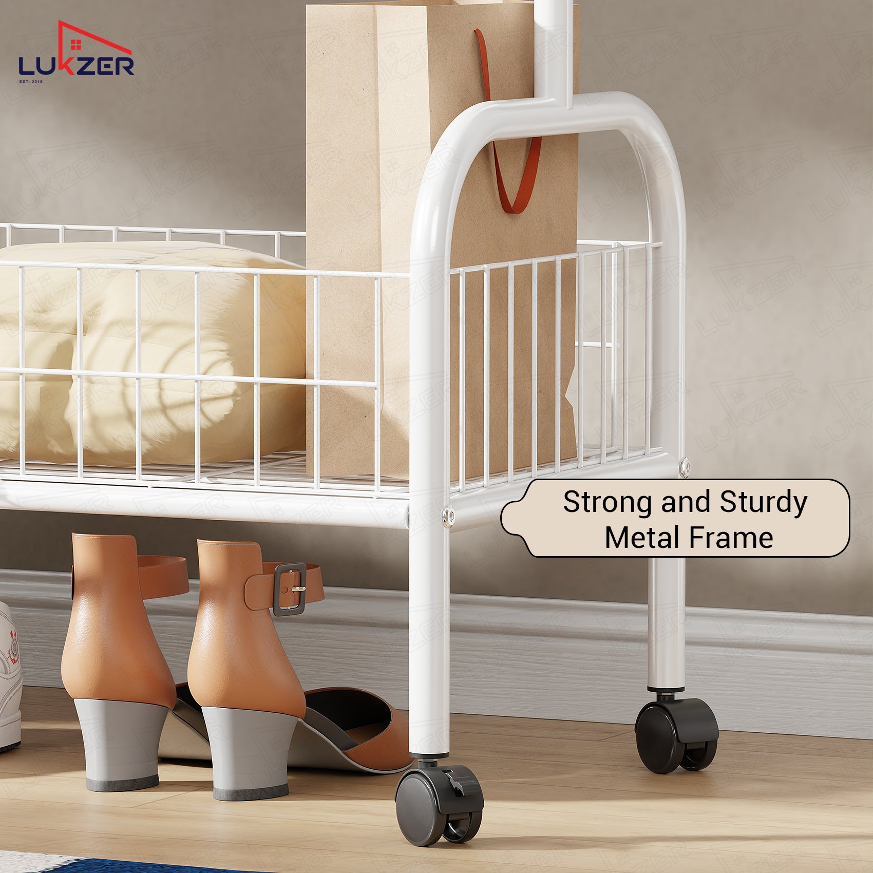 Lukzer Single Rod Garment Rack with Bottom Shelf | Cloth Organizer for Hanging Kurtas, Jackets, Bags in Bedroom, Office, Hostel &amp; More (MGR-003)