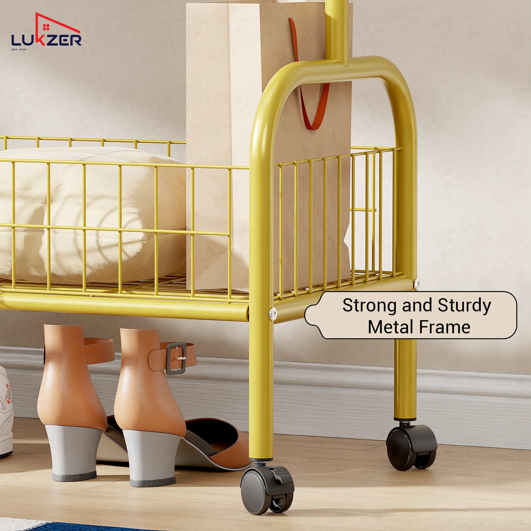Lukzer Single Rod Garment Rack with Bottom Shelf | Cloth Organizer for Hanging Kurtas, Jackets, Bags in Bedroom, Office, Hostel &amp; More (MGR-003)
