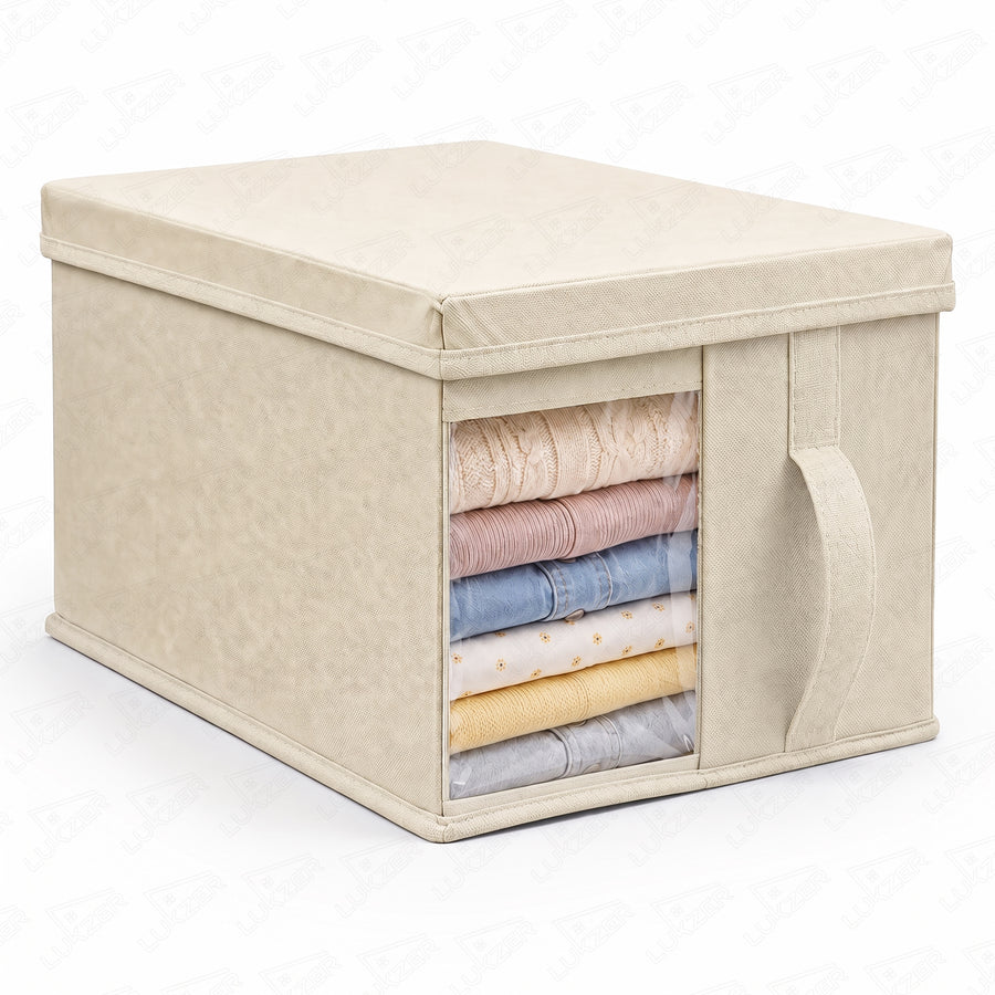 Lukzer 20 Liters Foldable Non-Woven Storage Box/Wardrobe Organizer with Lid & Handles - Pack of 01 / Beige - WO-05-01