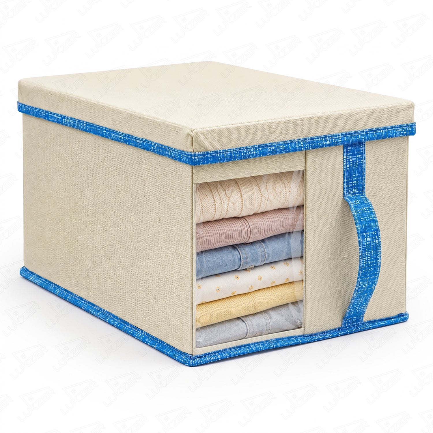 Lukzer 20 Liters Foldable Non-Woven Storage Box/Wardrobe Organizer with Lid - 1PC/Beige & Blue