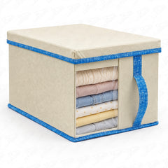 Lukzer 20 Liters Foldable Non-Woven Storage Box/Wardrobe Organizer with Lid - 1PC/Beige & Blue