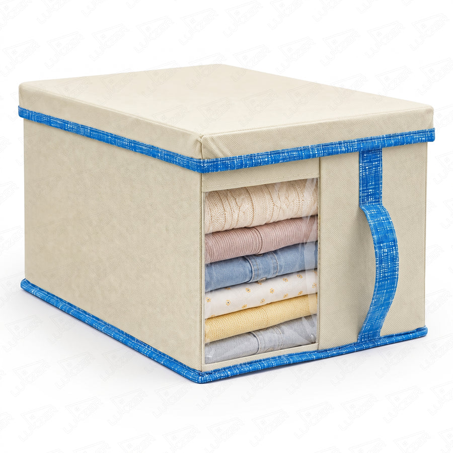 Lukzer 20 Liters Foldable Non-Woven Storage Box/Wardrobe Organizer with Lid & Handles - Pack of 01 / Beige & Blue - WO-04-01