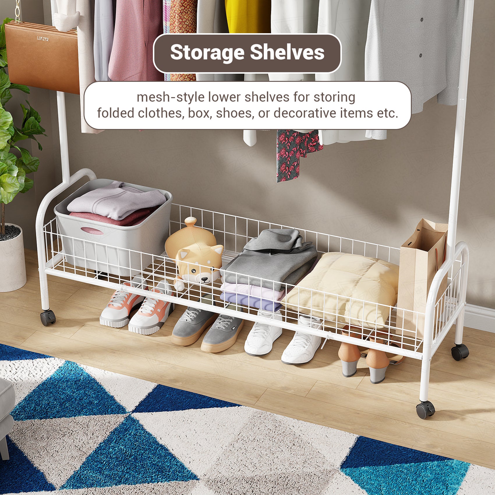 Lukzer Single Rod Garment Rack with Bottom Shelf | Cloth Organizer for Hanging Kurtas, Jackets, Bags in Bedroom, Office, Hostel &amp; More (MGR-003)