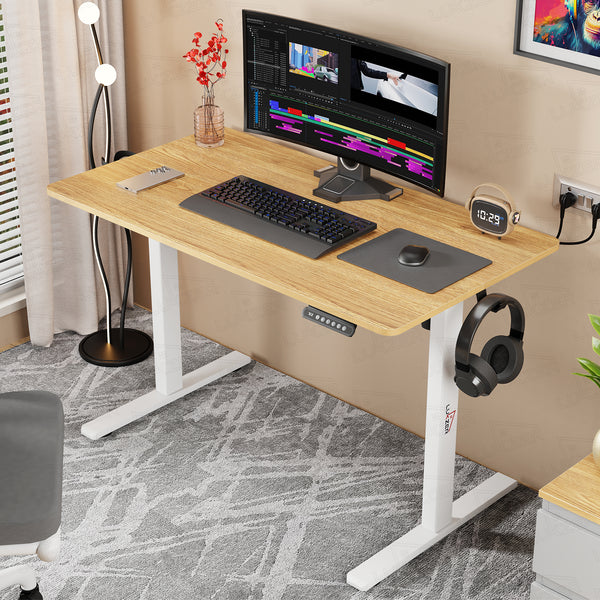 Lukzer Electric Automatic Height Adjustable Sit Stand Desk EST-003 ( White & Oak Light )