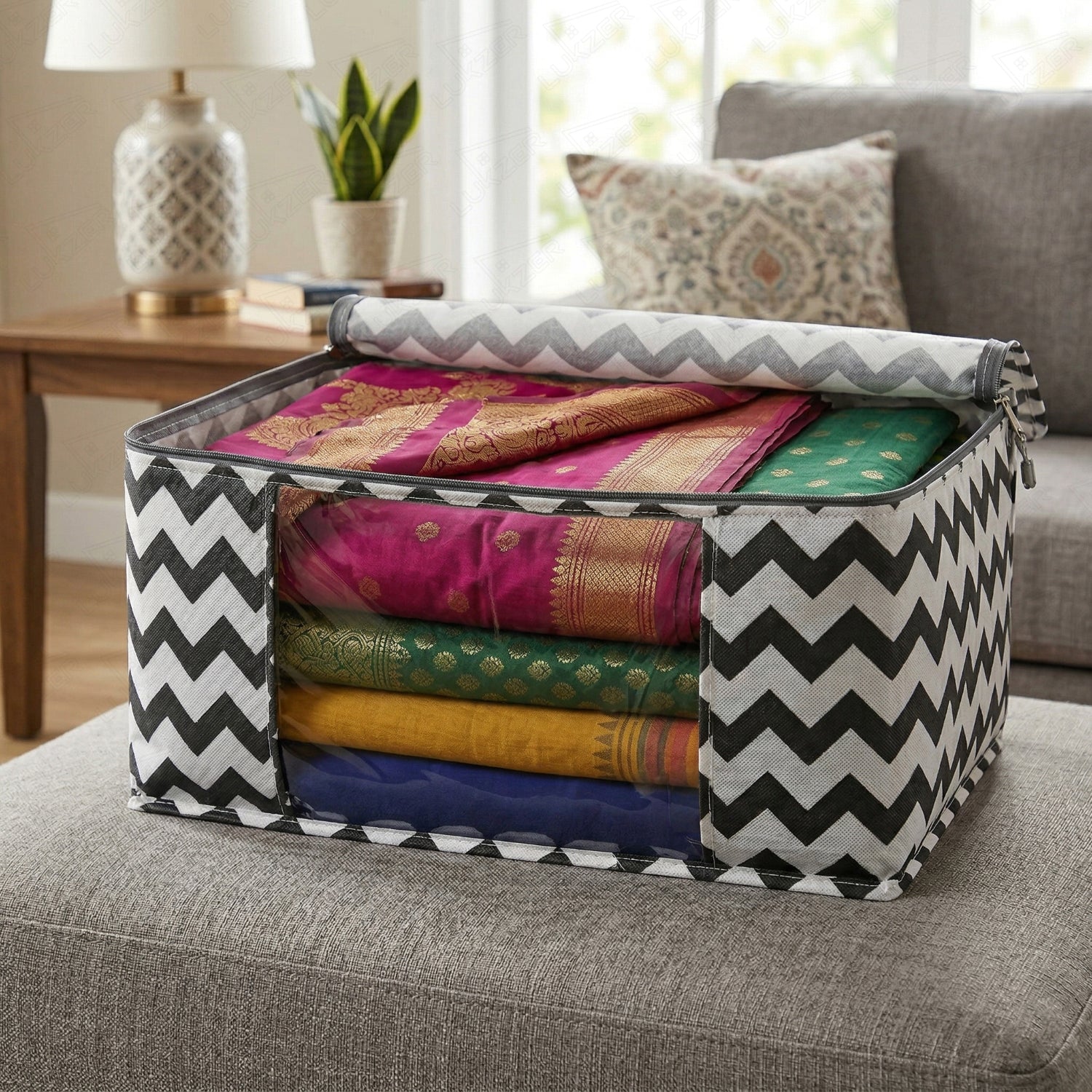 Lukzer 6 Pcs Zigzag Printed Large Size with Zip Closure & Mesh Window Saree Covers (Non-Woven)