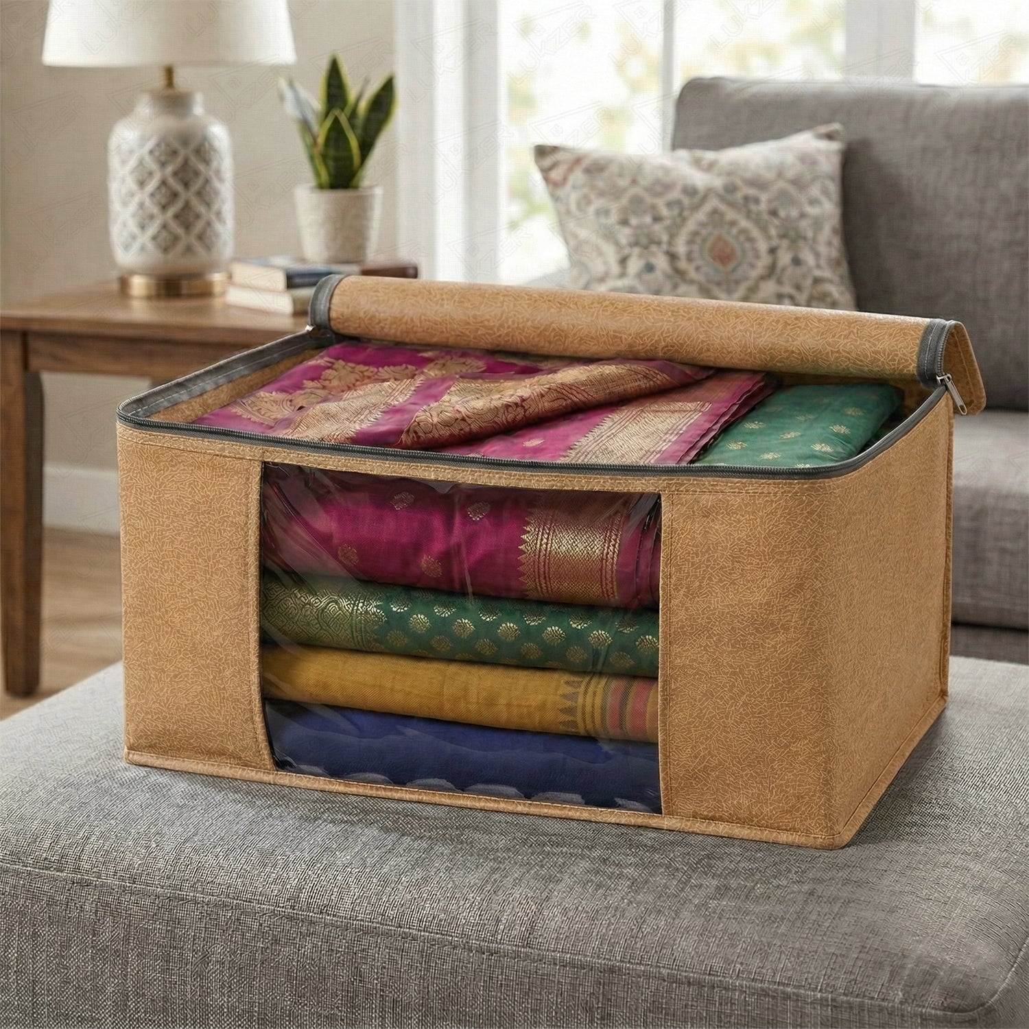 Lukzer 3 Pcs Leather Printed Large Size with Zip Closure & Mesh Window Saree Covers (Non-Woven)