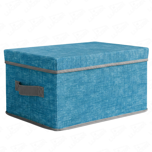 Lukzer 1Pc Blue & Grey Foldable Storage Box with Lid & Reinforced Handle (Lining)