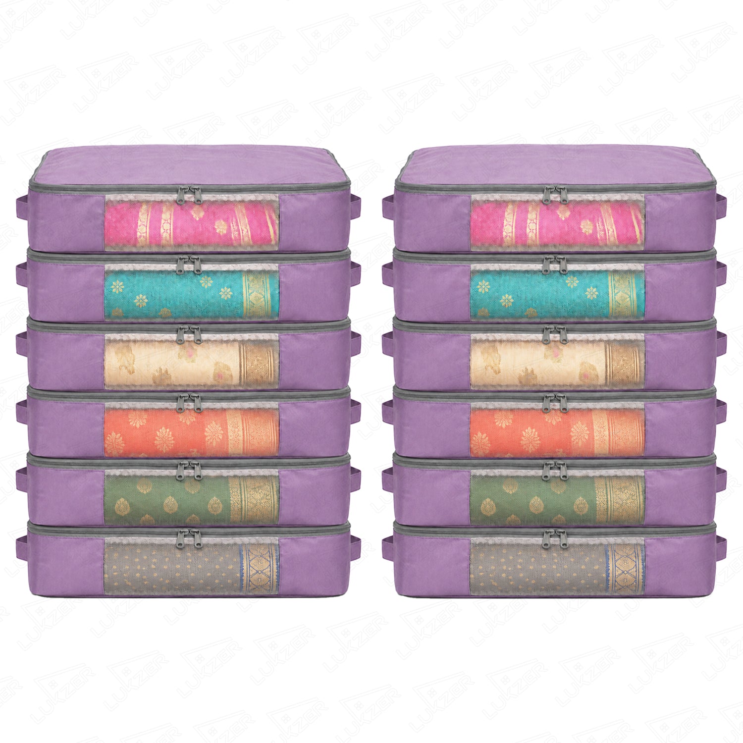 Lukzer 12Pcs Lavender Foldable Saree Cover/Bags with Zip & Mesh Window (Nylon)