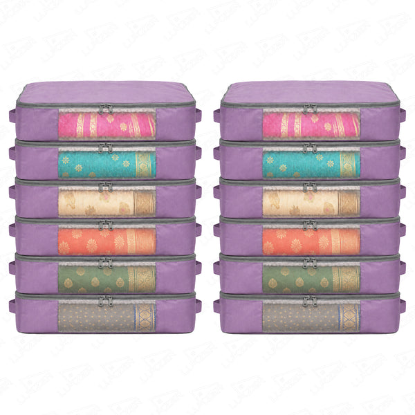 Lukzer 12Pcs Lavender Foldable Saree Cover/Bags with Zip & Mesh Window (Nylon)