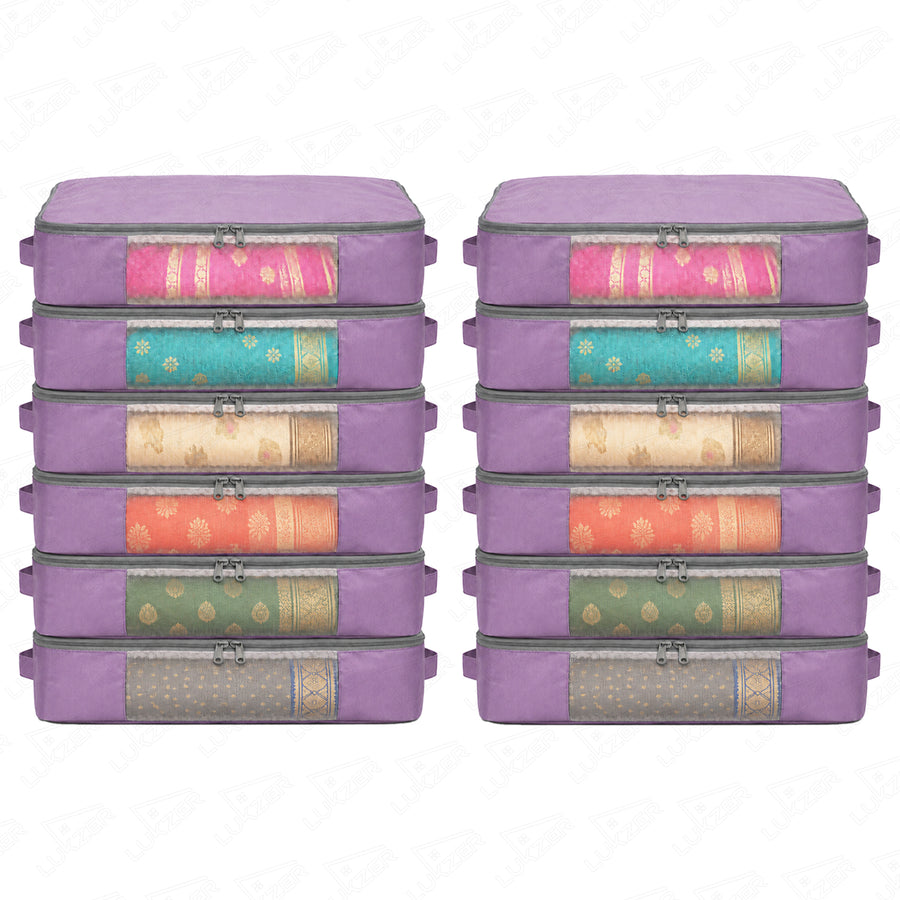 Lukzer 12Pcs Lavender Foldable Saree Cover/Bags with Zip & Mesh Window (Nylon)