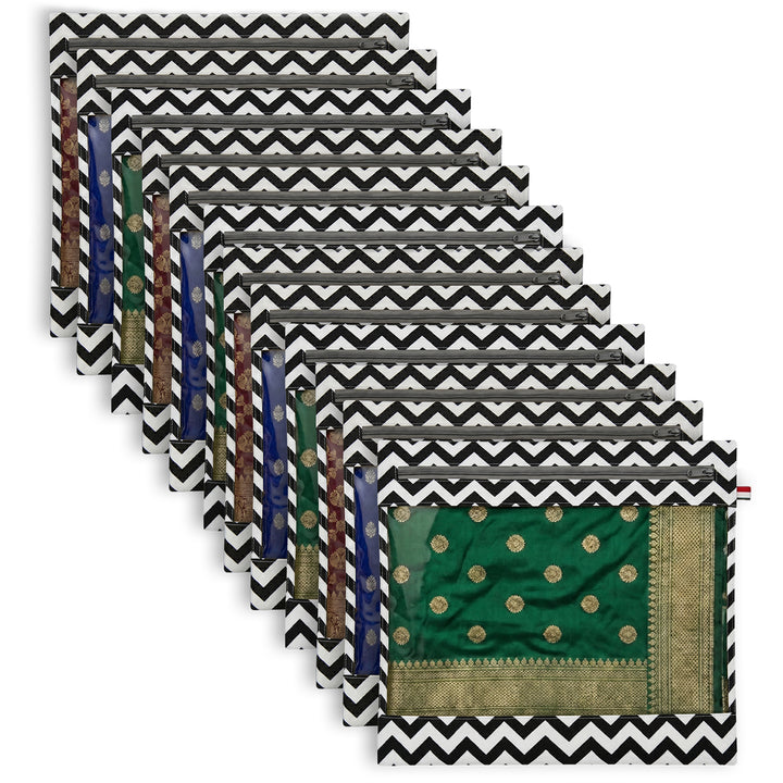 Lukzer 12 Pcs Zigzag Printed Big Size with Zip Closure & Transparent Window Saree Covers (Non-Woven)