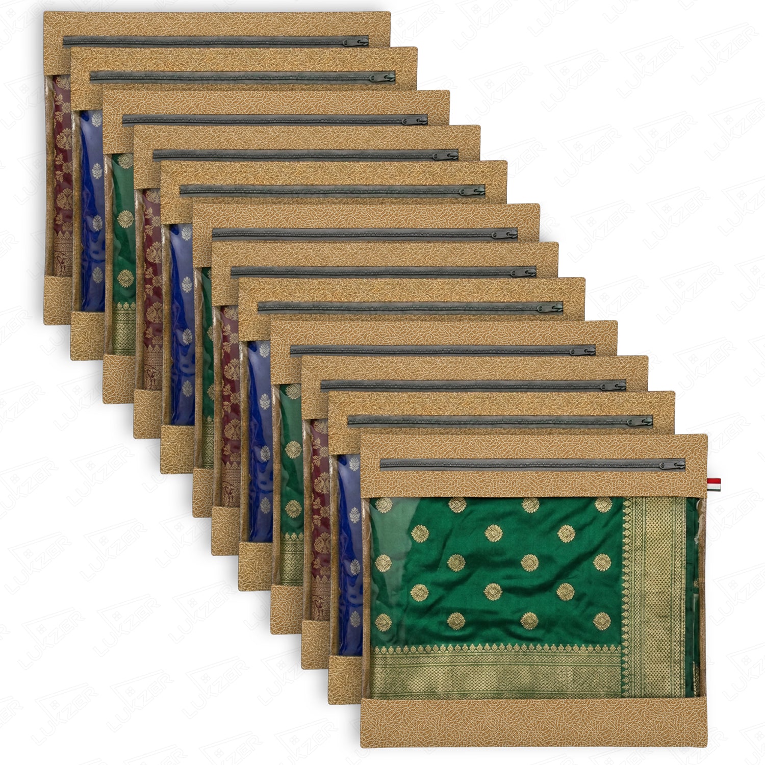 Lukzer 12 Pcs Leather Printed Big Size with Zip Closure & Transparent Window Saree Covers (Non-Woven)