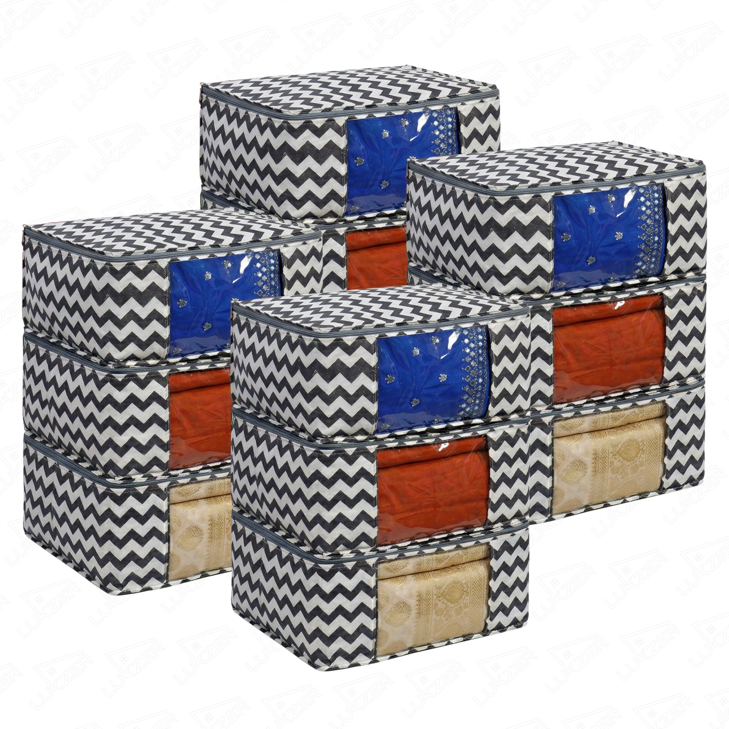 Lukzer 6 Pcs Zigzag Printed Large Size with Zip Closure & Mesh Window Saree Covers (Non-Woven)