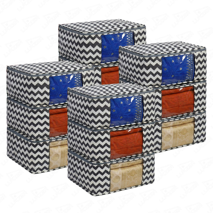 Lukzer 12 Pcs Zigzag Printed Large Size with Zip Closure & Mesh Window Saree Covers (Non-Woven)