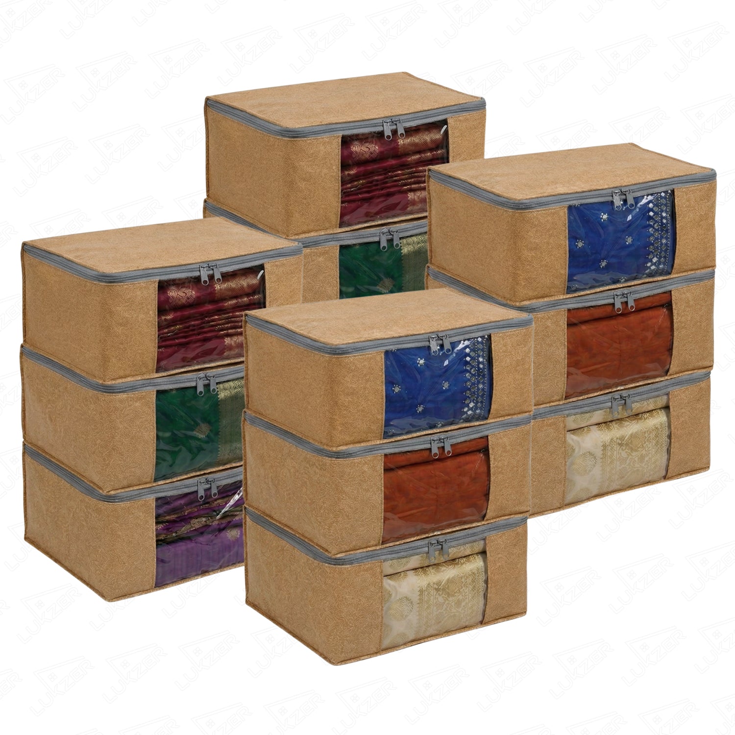 Lukzer 3 Pcs Leather Printed Large Size with Zip Closure & Mesh Window Saree Covers (Non-Woven)