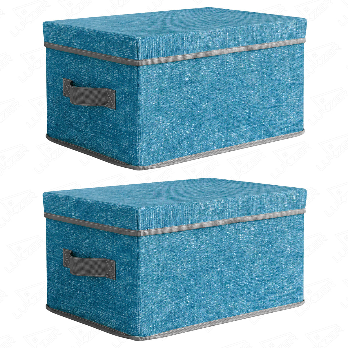 Lukzer 19 Liters Foldable Non-Woven Storage Box/Wardrobe Organizer with Lid & Handles - Pack of 04 / Blue & Grey - WO-03-04