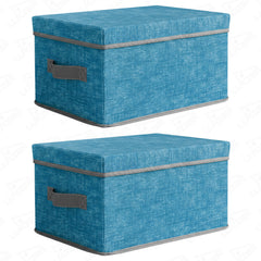 Lukzer 19 Liters Foldable Non-Woven Storage Box/Wardrobe Organizer with Lid & Handles - Pack of 04 / Blue & Grey - WO-03-04
